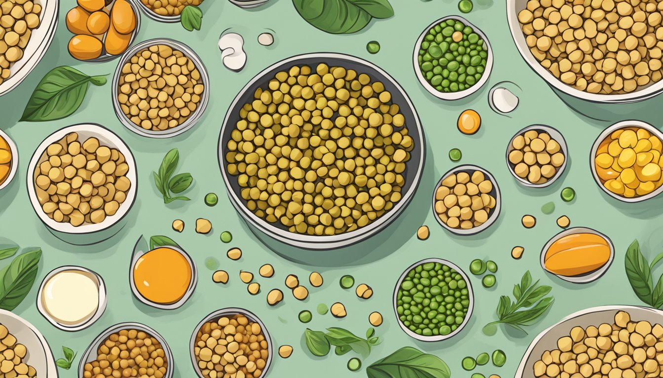 A bowl of Peatos snacks surrounded by ingredients like chickpeas, lentils, and green peas