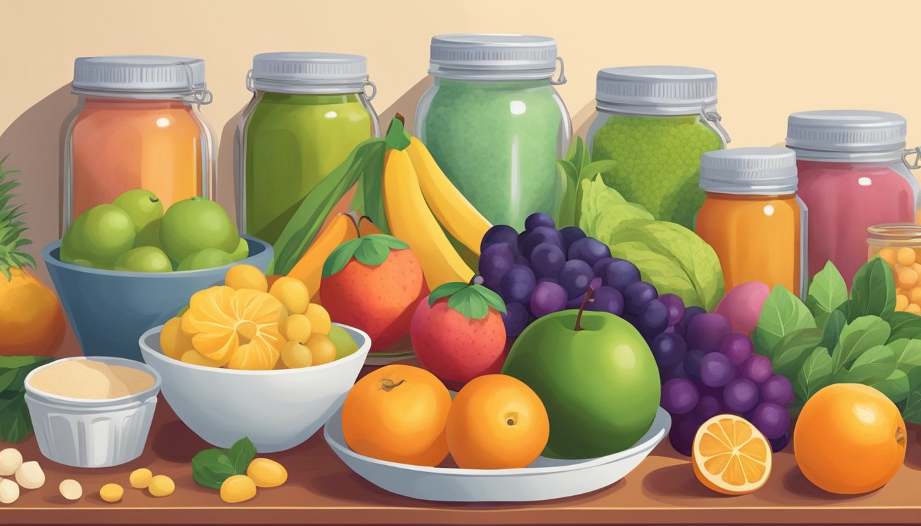 A colorful array of fruits, vegetables, and baking ingredients arranged on a kitchen counter, with a prominent jar of monk fruit sweetener in the center