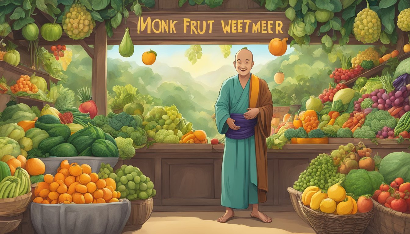 A happy monk surrounded by a variety of fruits and vegetables, with a large sign reading "Monk Fruit Sweetener: Vegan" prominently displayed