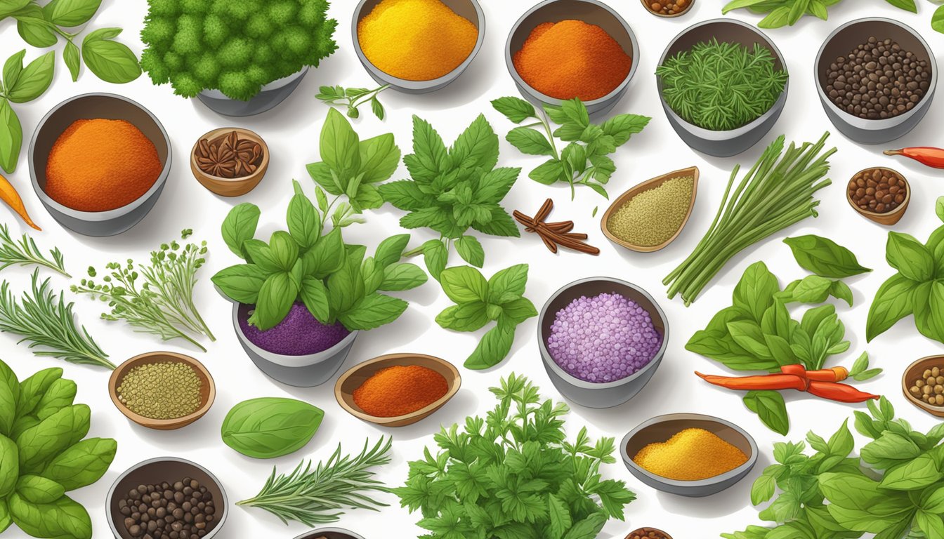 A colorful array of fresh herbs and spices arranged on a kitchen counter