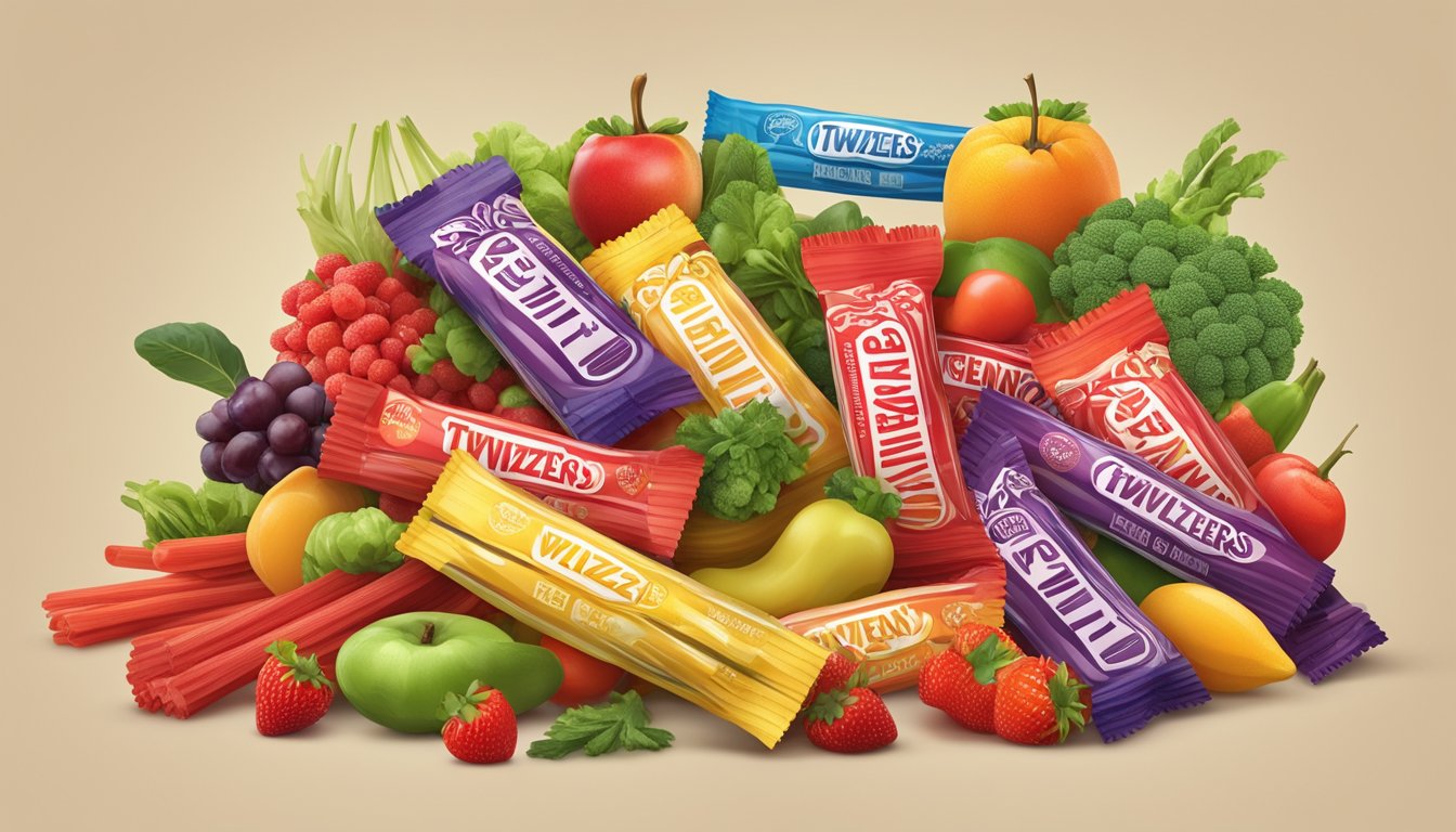 A colorful pile of Twizzlers Pull 'n' Peel surrounded by vibrant fruits and vegetables, with a "vegan" label prominently displayed