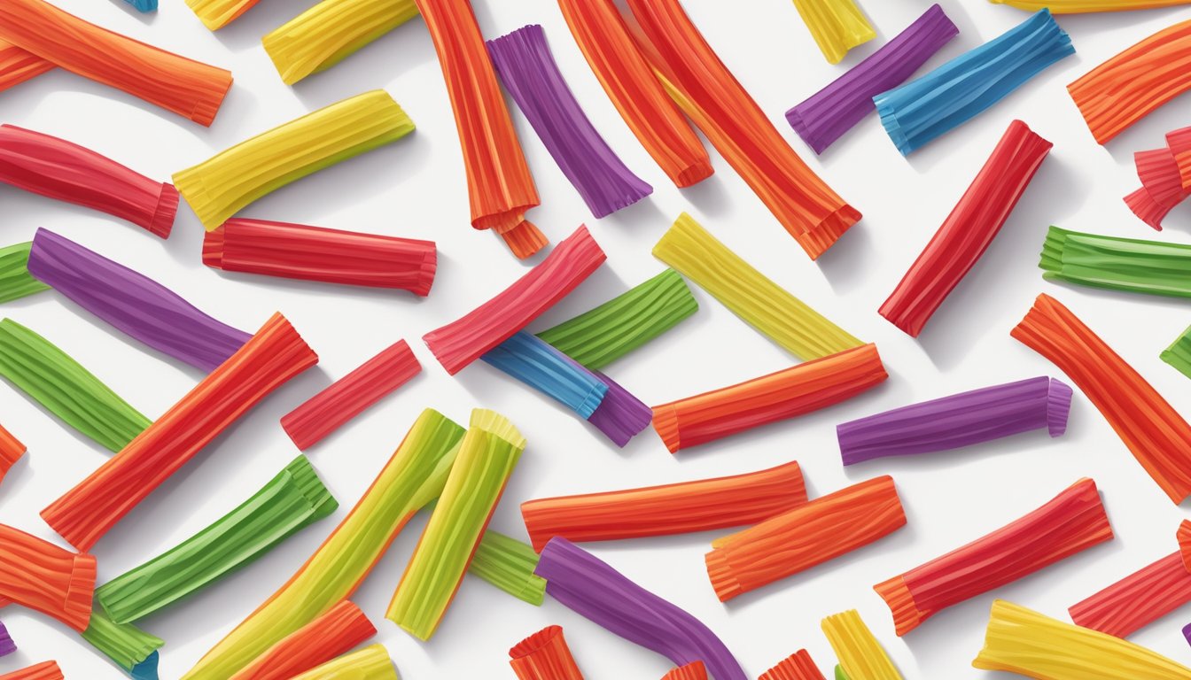 A colorful pile of Twizzlers Pull 'n' Peel in various flavors and sizes, arranged neatly on a clean, white surface