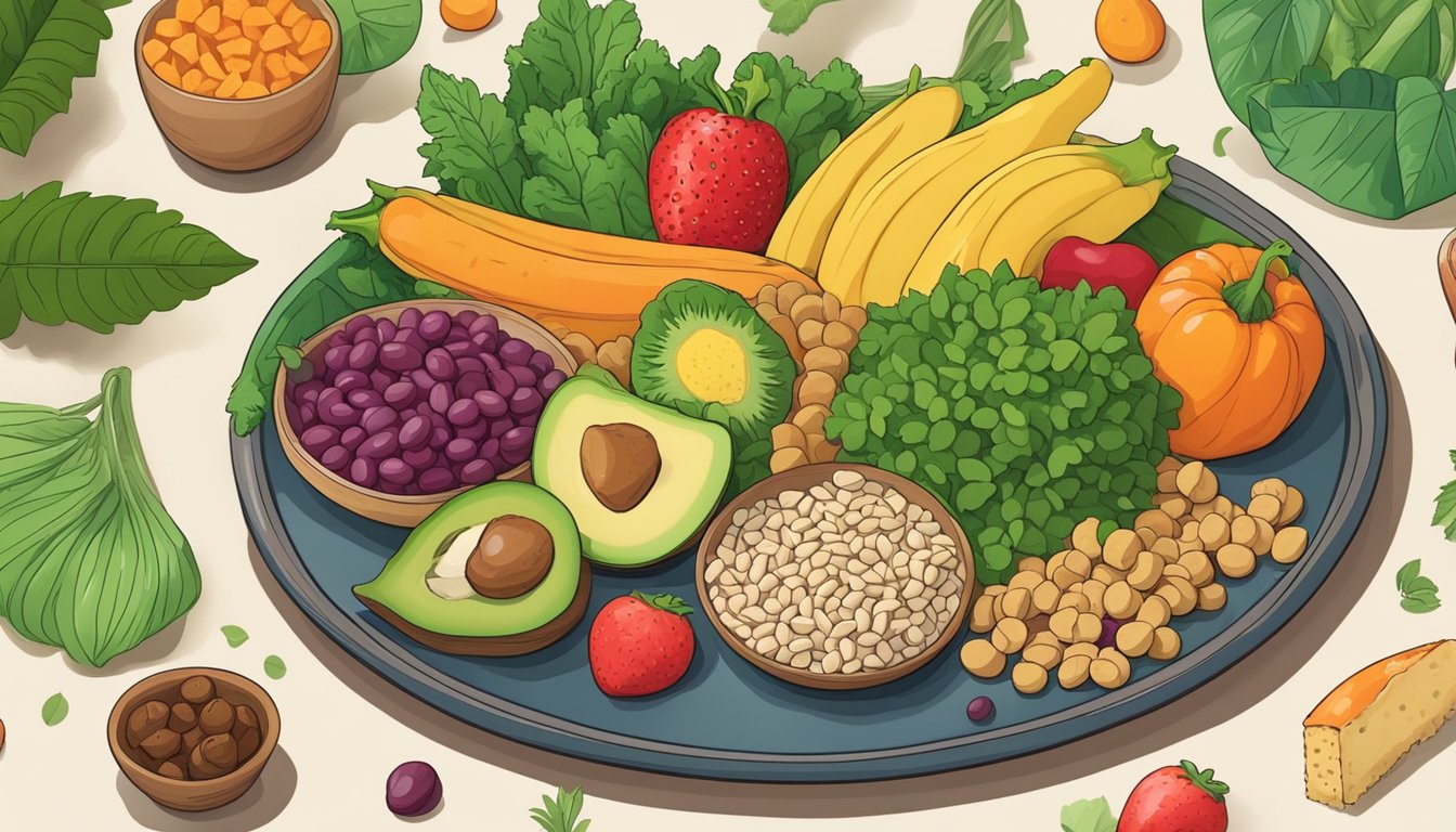 A colorful plate with a variety of plant-based foods, including fruits, vegetables, grains, and legumes, surrounded by vibrant green leaves and a bowl of crunchy Peatos snacks