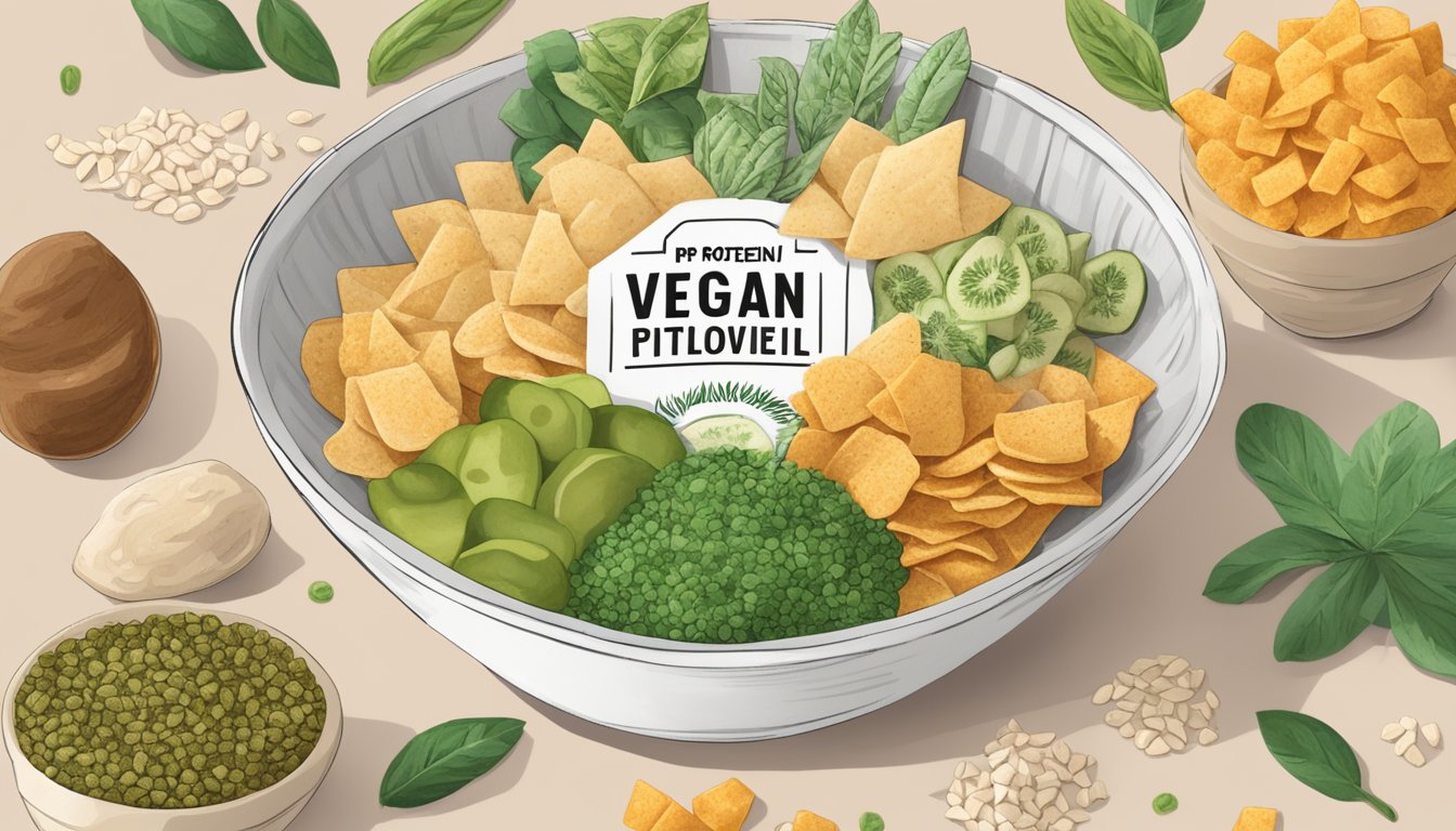 A bowl of IPS Protein Chips surrounded by various plant-based ingredients and a "vegan" label