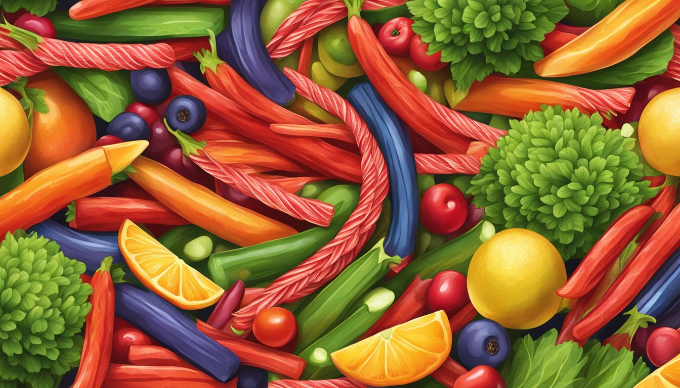 A colorful pile of twizzlers pull n peel surrounded by fresh fruits and vegetables