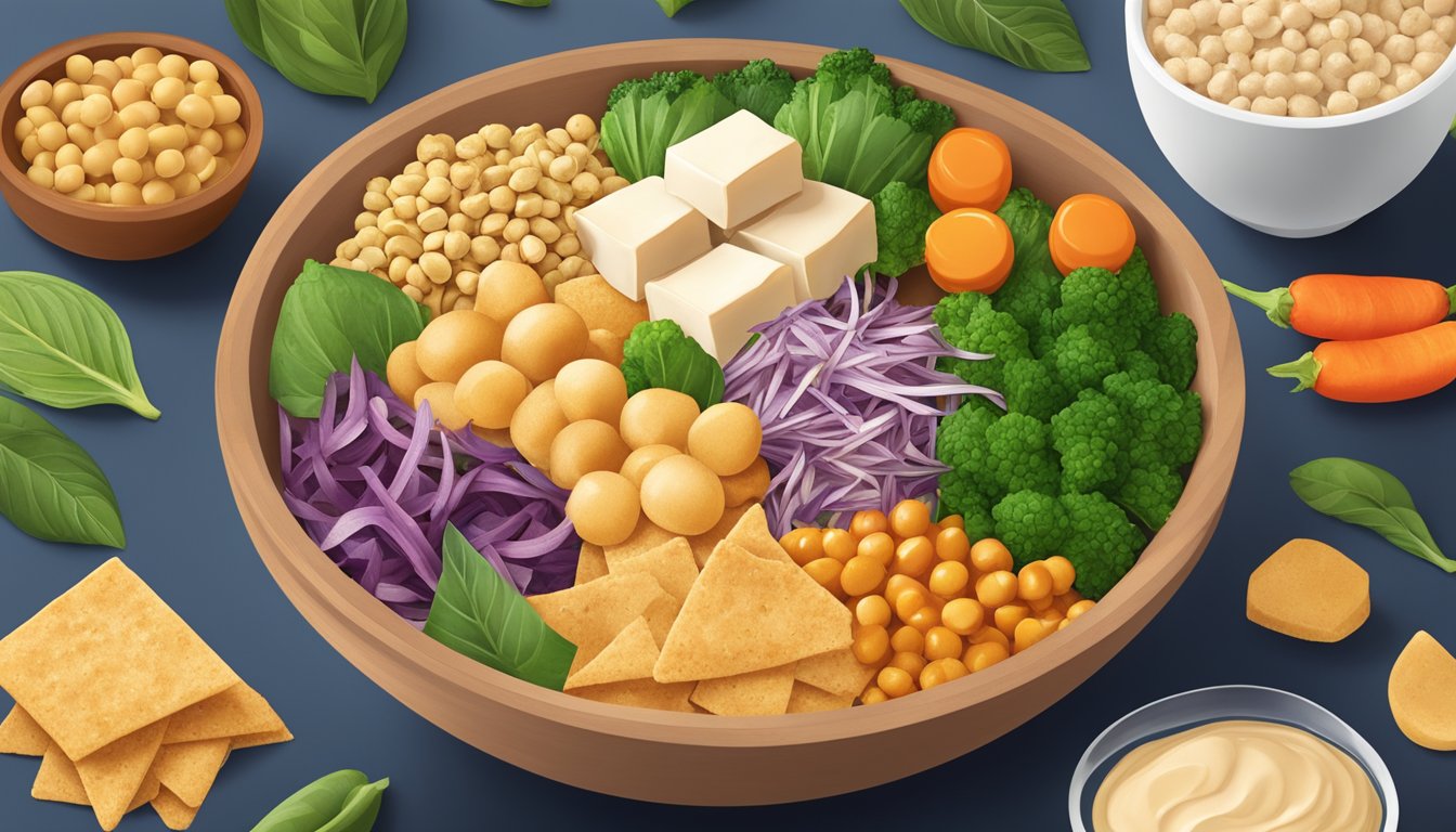 A bowl of IPS protein chips surrounded by various plant-based ingredients like tofu, chickpeas, and vegetables, emphasizing their vegan credentials