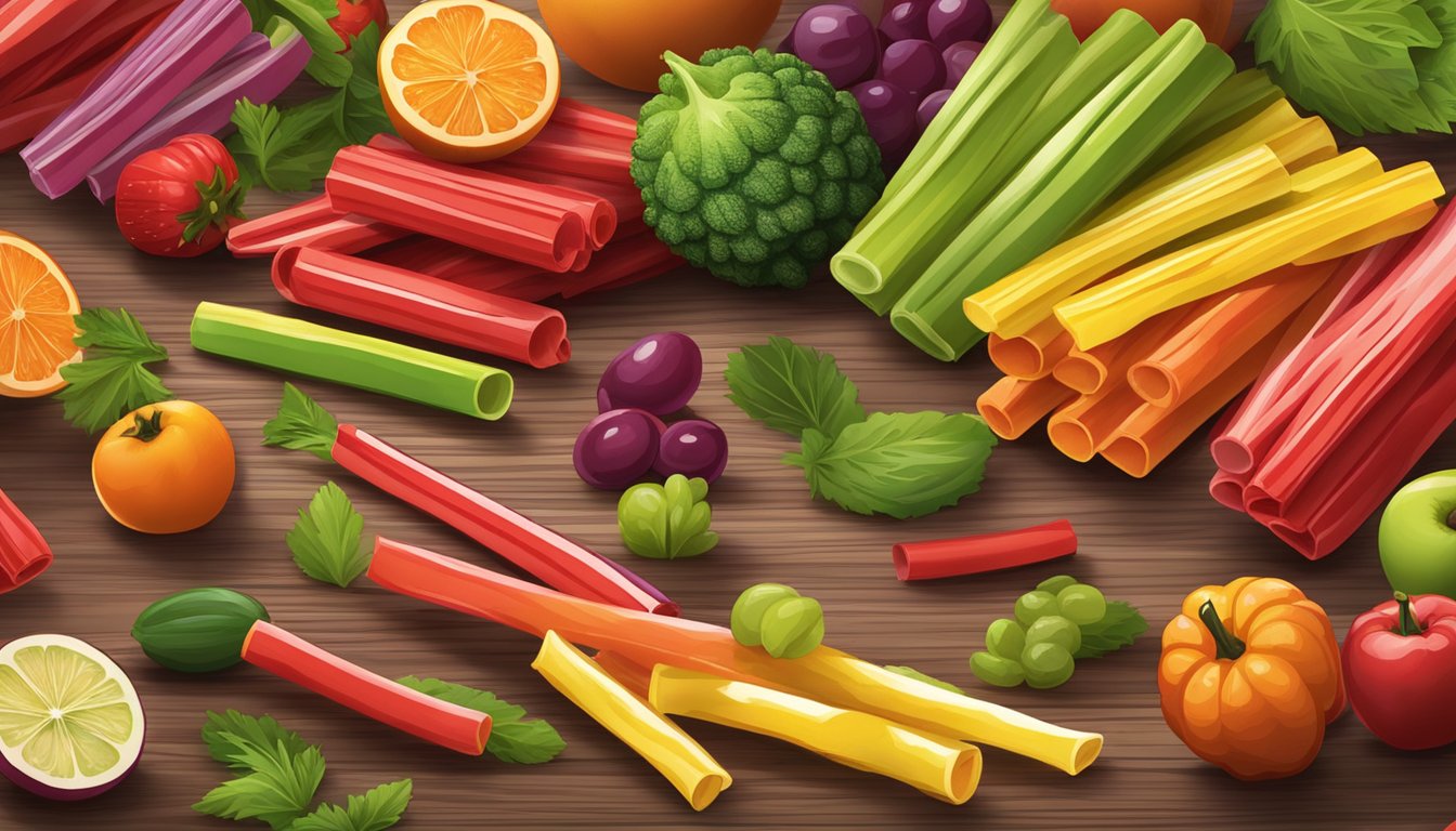 A colorful pile of Twizzlers Pull 'n' Peel lays on a wooden table, surrounded by various fruits and vegetables