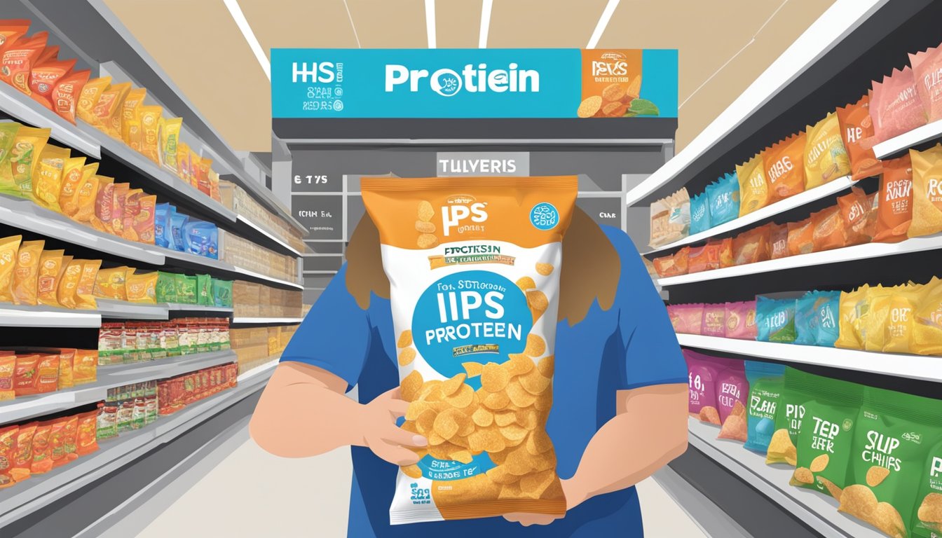 A person holding a bag of IPS protein chips with various flavors displayed on a shelf in a grocery store