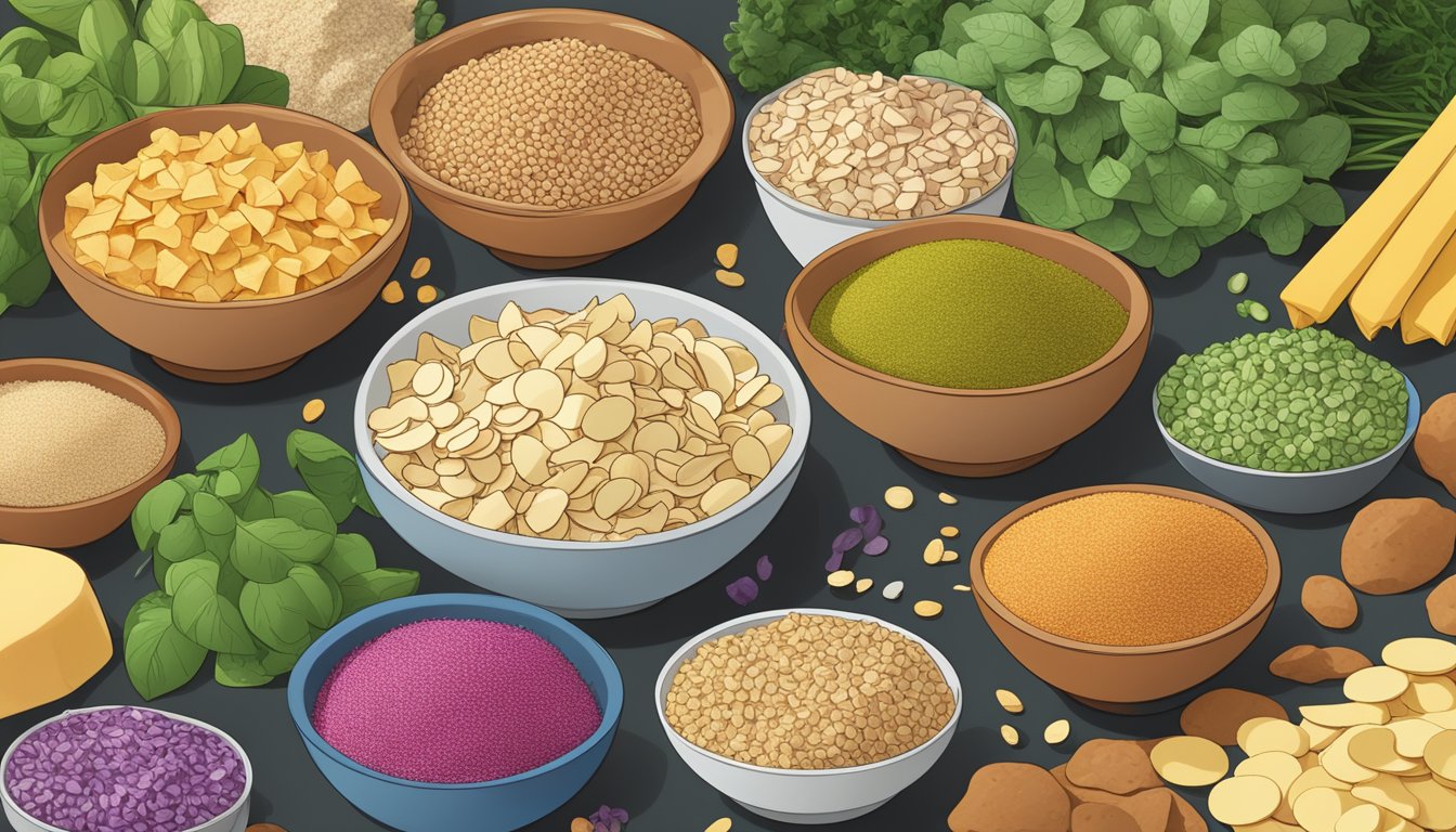 A colorful array of plant-based ingredients next to a pile of protein chips, highlighting the comparison between the two options