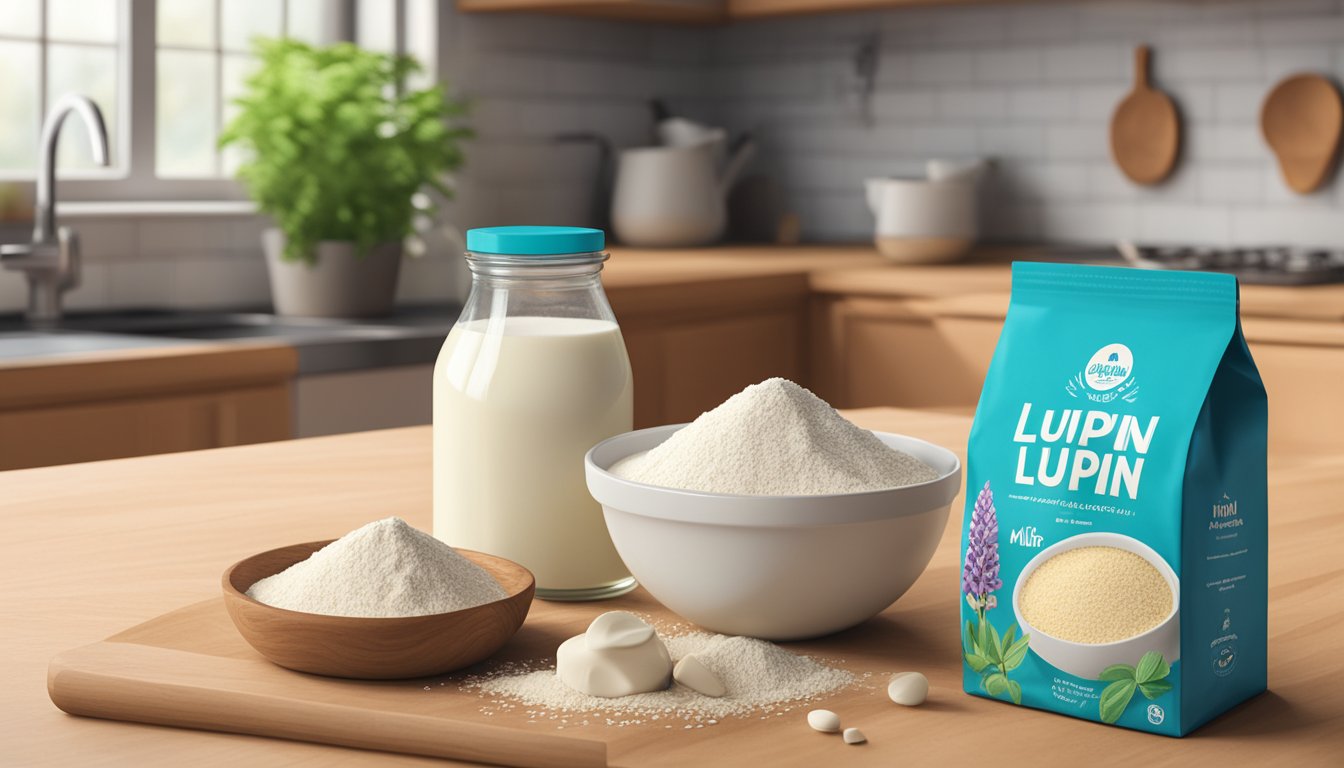 A bag of lupin flour sits on a wooden kitchen counter next to a bowl of mixed ingredients. A plant-based milk carton and a vegan cookbook are nearby