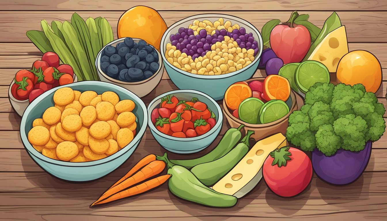 A bowl of colorful vegan cheese doodles surrounded by fresh vegetables and fruits on a wooden table