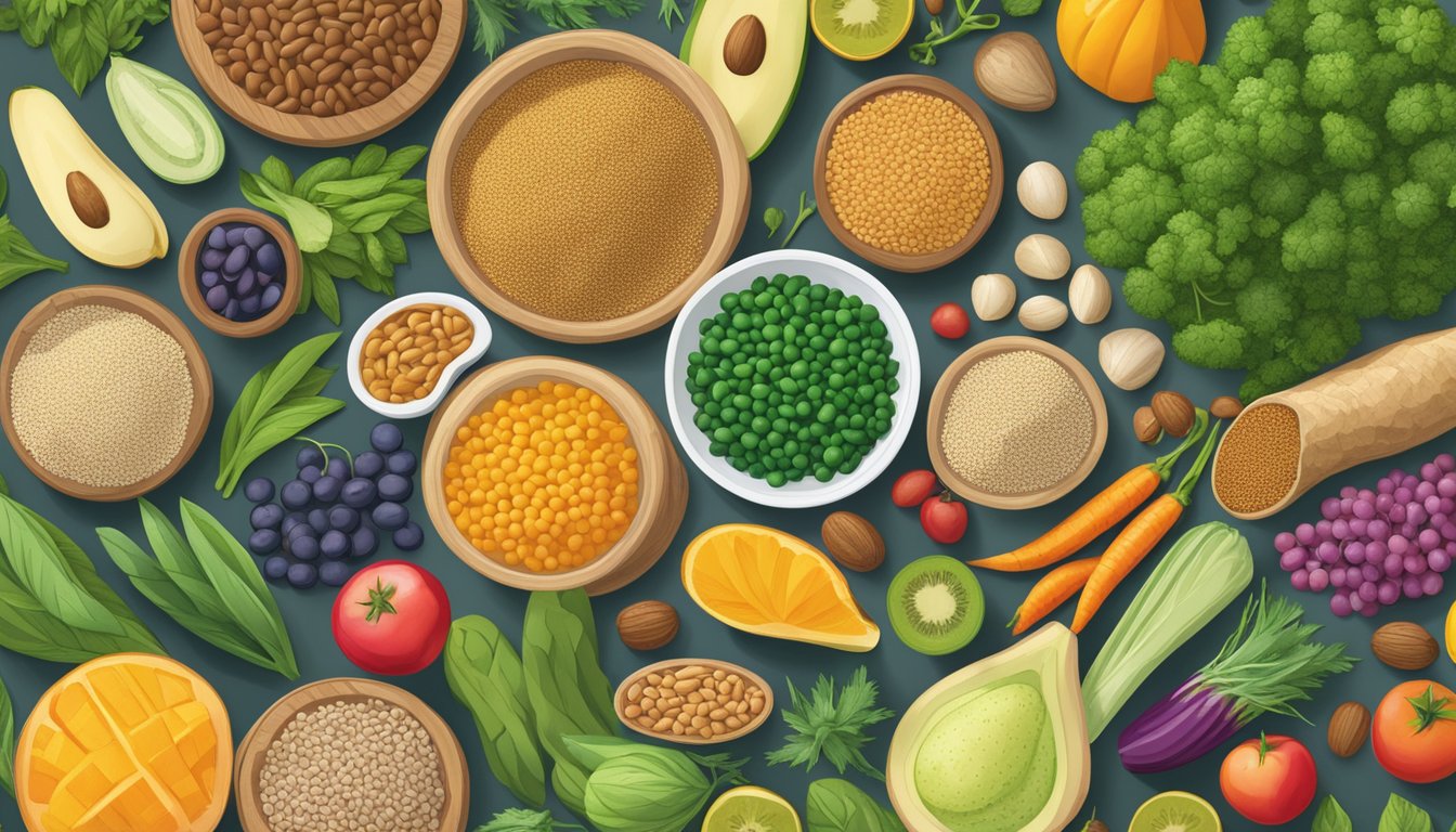 A colorful array of plant-based foods, including fruits, vegetables, grains, and legumes, with a prominent display of lupin flour