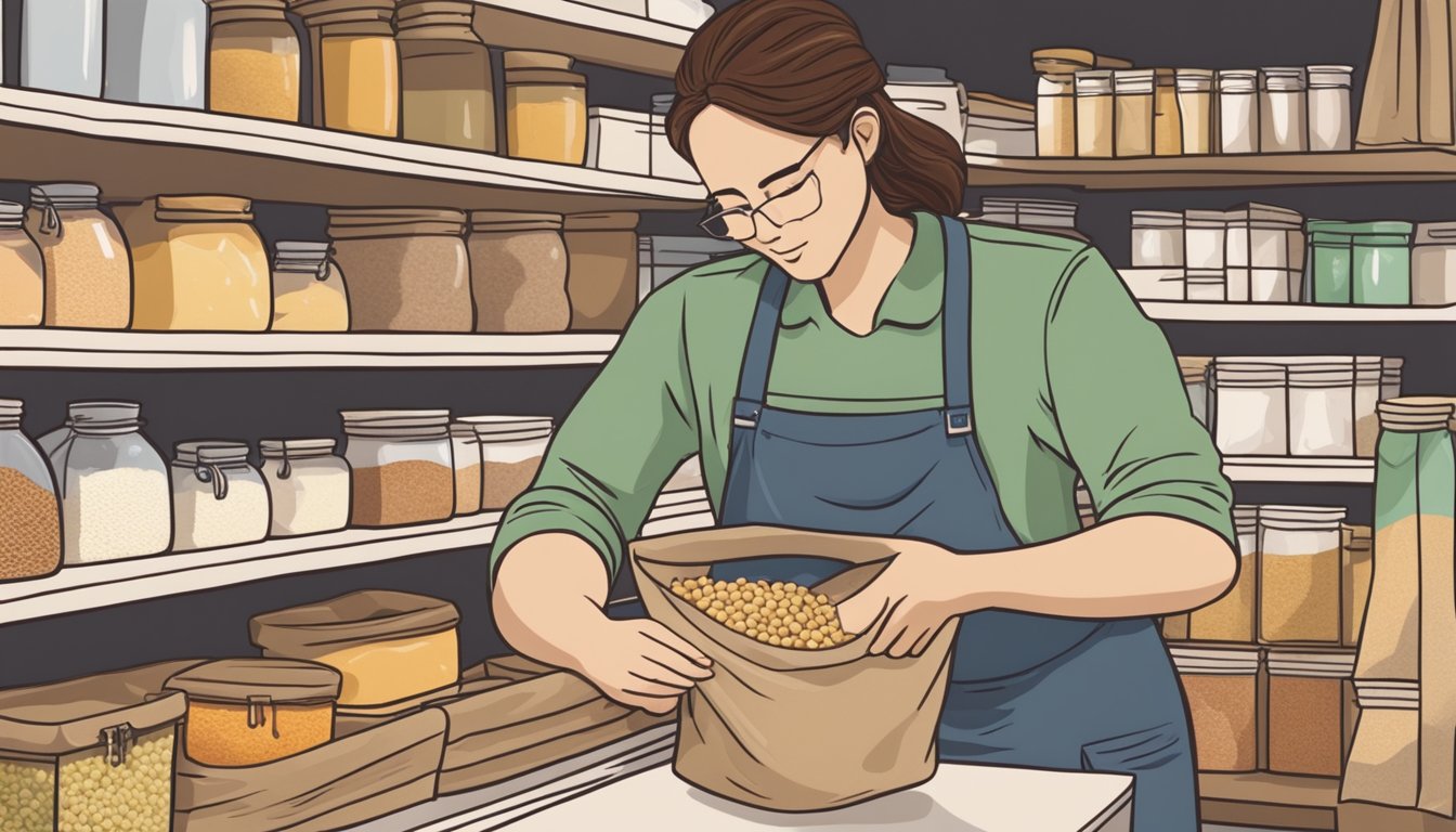 A person placing a bag of lupin flour into a pantry stocked with various vegan ingredients