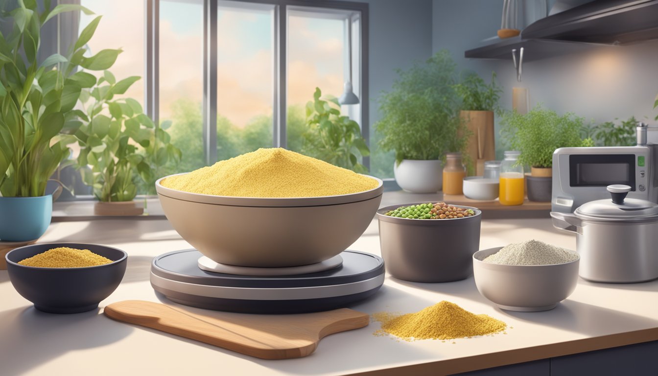 A bowl of lupin flour surrounded by various plant-based ingredients, with a futuristic, sleek kitchen in the background