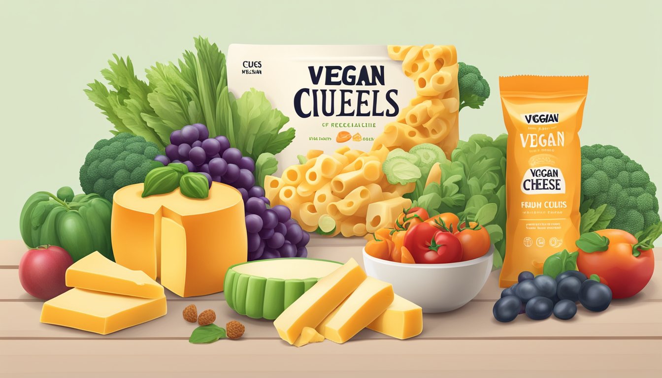 A bowl of cheese curls next to a pile of fresh vegetables and fruits, with a "vegan" label on the cheese curls package