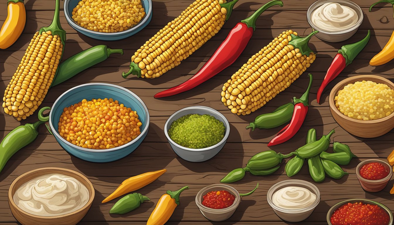 A colorful array of chili peppers, corn husks, and masa dough spread out on a rustic table