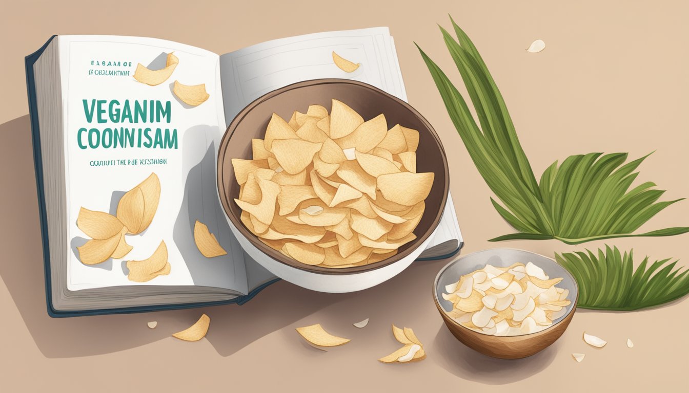 A bowl of coconut chips next to a "Veganism" book