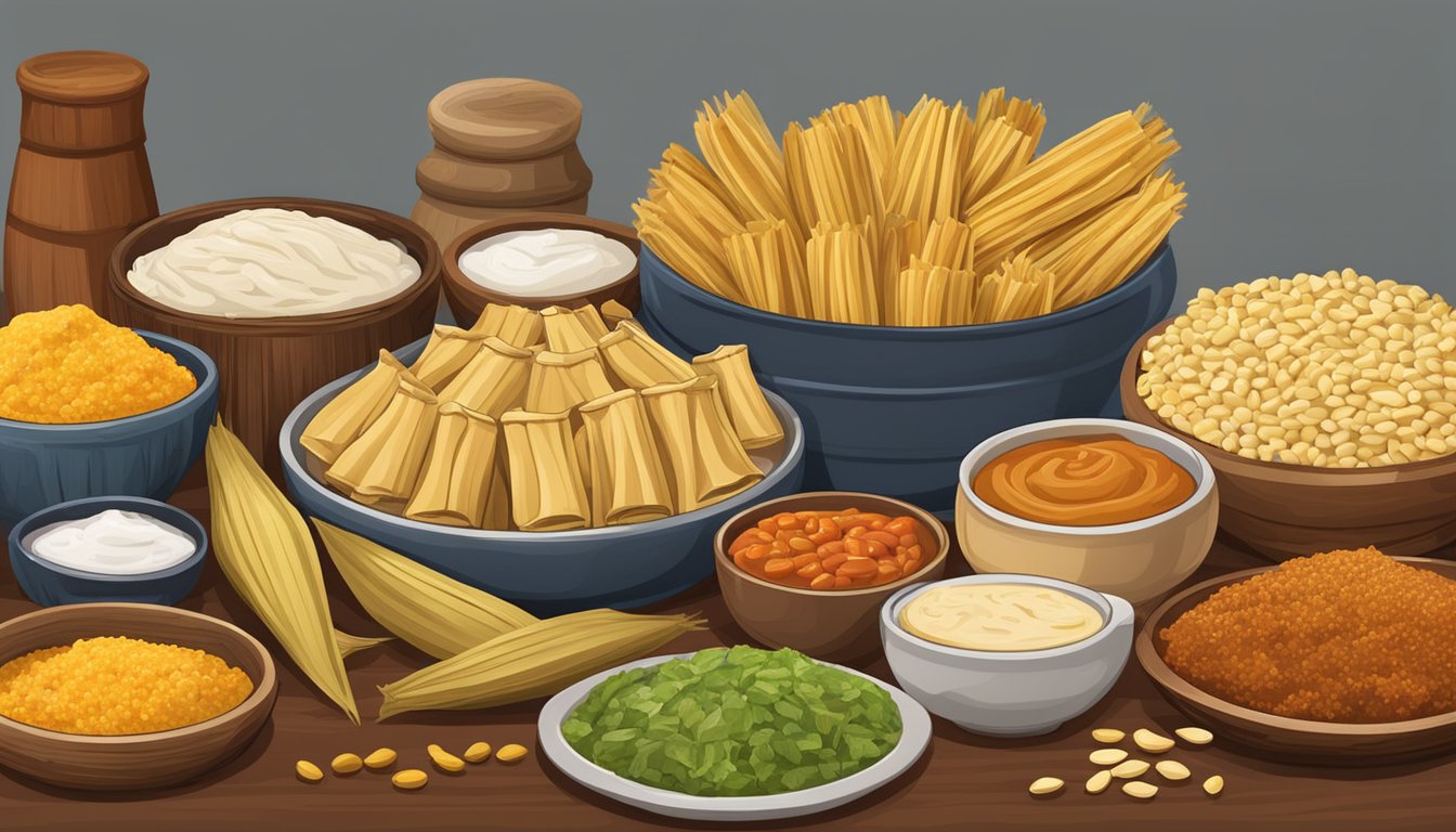 A table with a variety of hot tamales, along with ingredients such as corn husks, masa dough, and various fillings like beans, vegetables, and spices