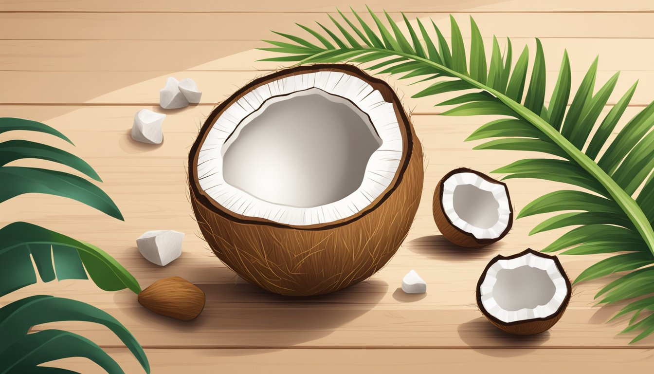 A bowl of coconut chips sits on a wooden table, surrounded by tropical leaves and a coconut shell