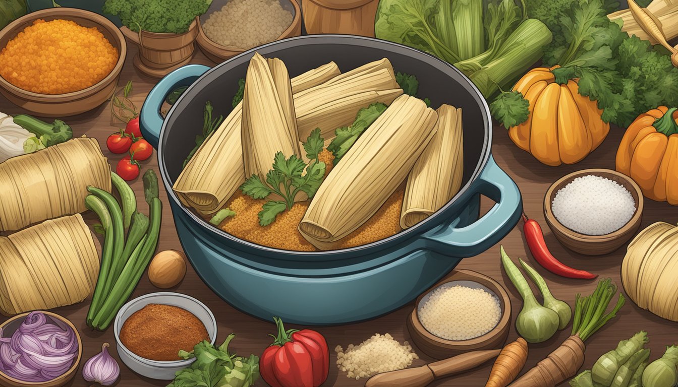 A steaming pot of tamales surrounded by various vegetables and spices, with a certification stamp visible