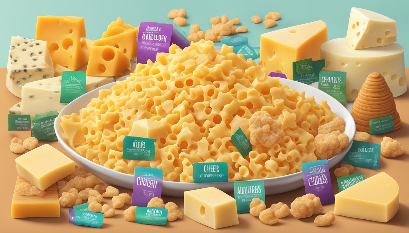 A pile of cheese curls with various flavor profiles and additives, surrounded by colorful ingredient labels