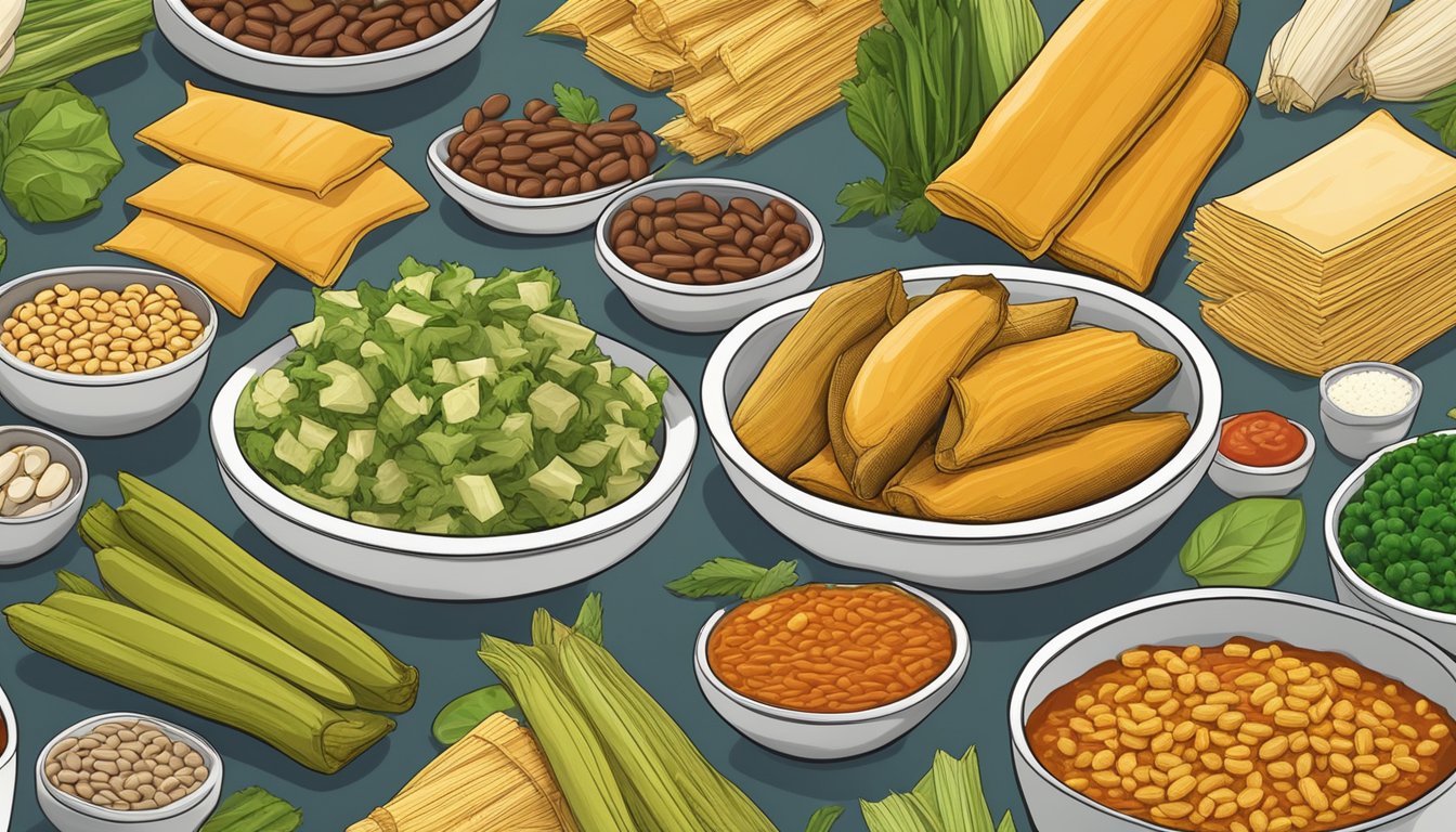 A colorful display of hot tamales surrounded by various vegan-friendly alternatives like vegetables, beans, and tofu