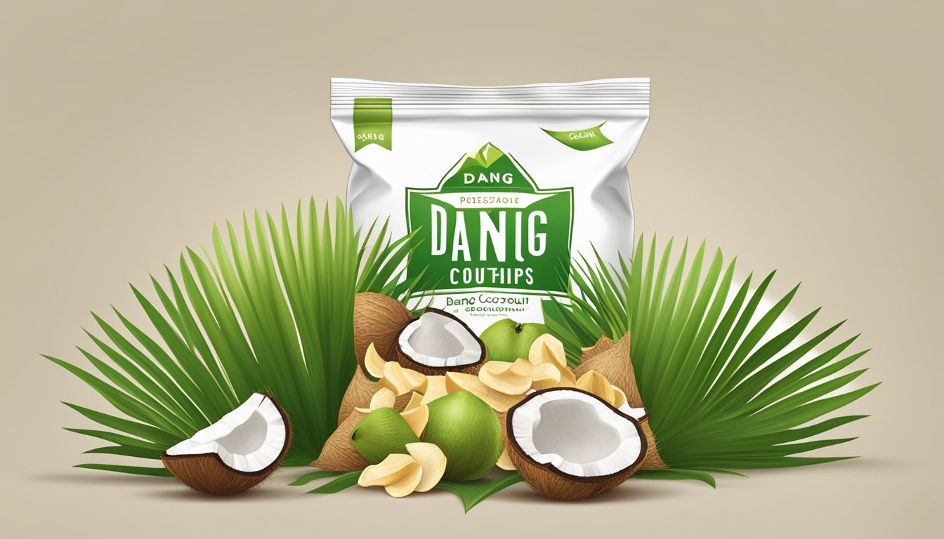 A bag of Dang Coconut Chips surrounded by fresh coconuts and vibrant green coconut palm leaves