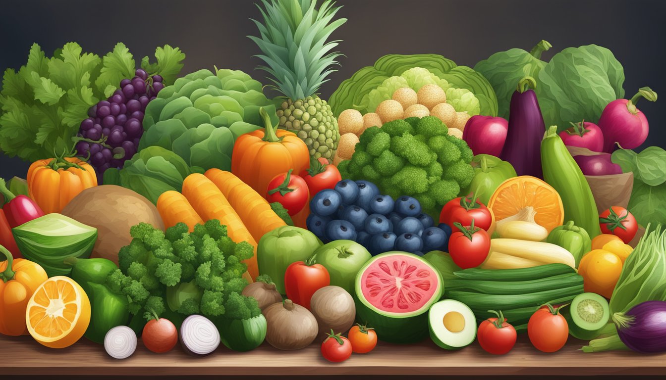 A colorful array of fresh vegetables and fruits arranged on a wooden table, with a variety of plant-based proteins and grains nearby