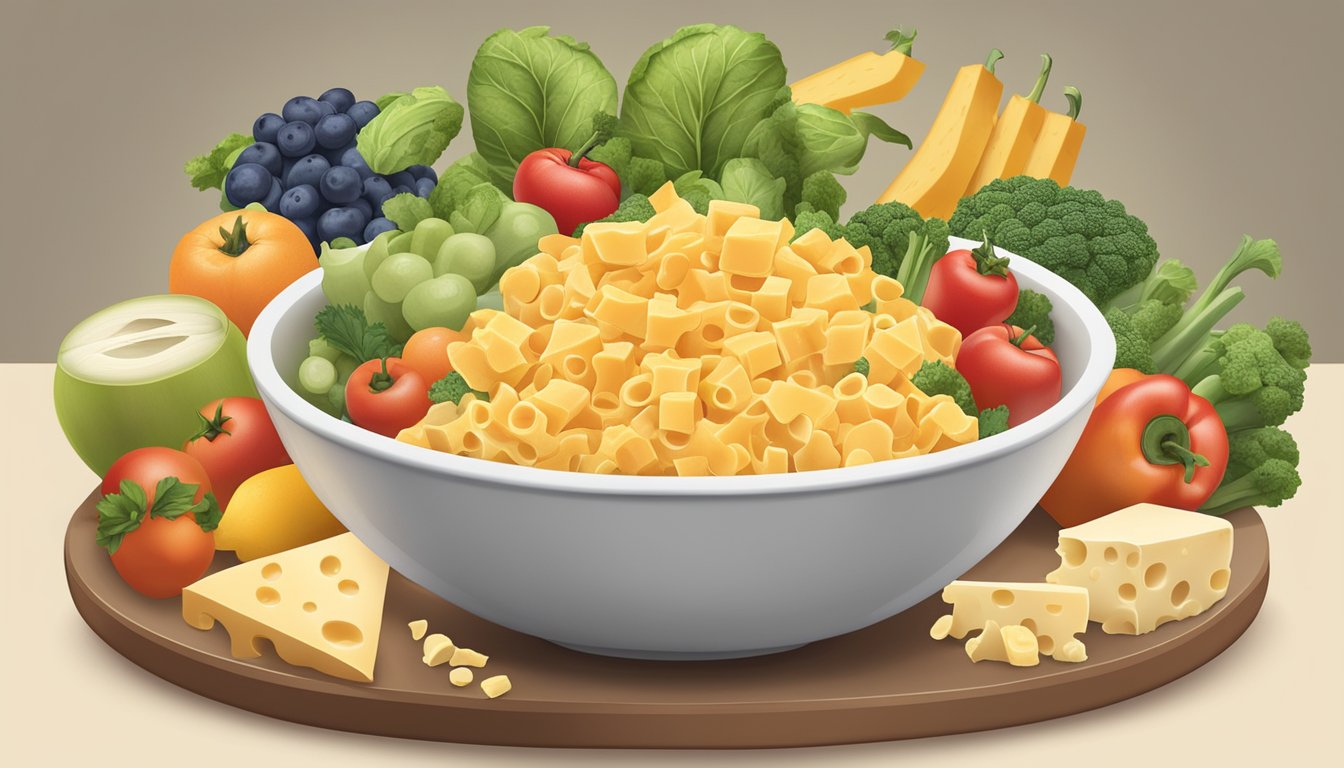 A bowl of cheese curls surrounded by various fruits and vegetables, with a "vegan" label prominently displayed