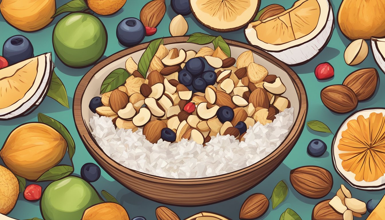 A bowl of coconut chips surrounded by various fruits and nuts, with a "vegan" label prominently displayed