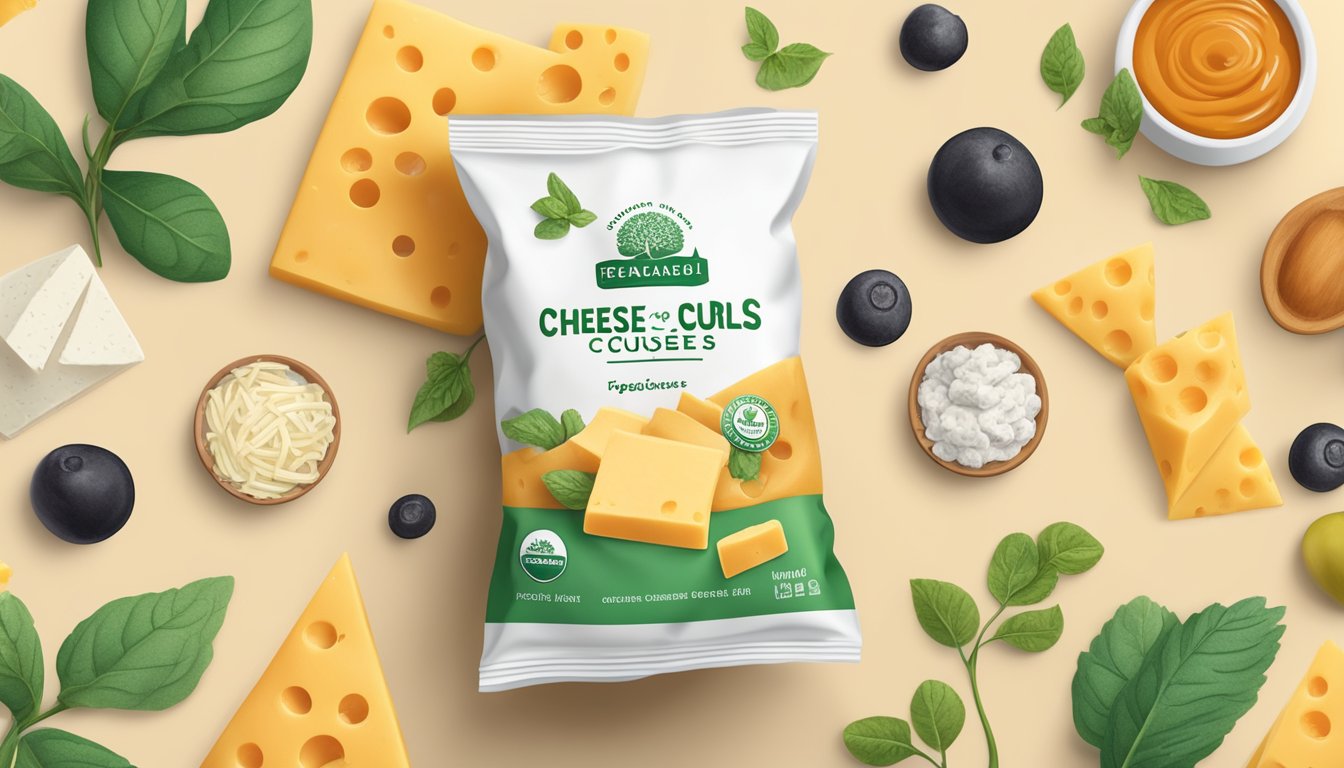 A hand holding a bag of cheese curls with a vegan label, surrounded by various plant-based ingredients