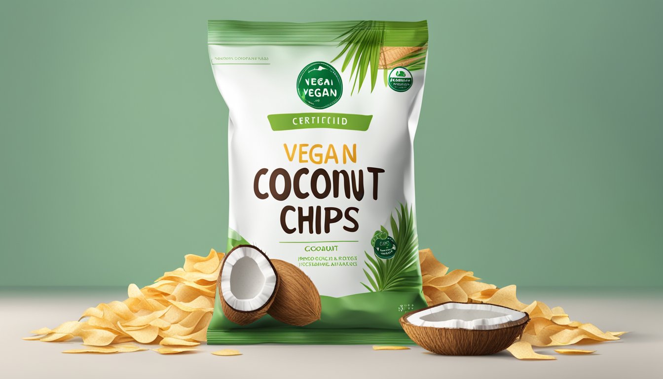 A pile of coconut chips with a vegan certification logo on the packaging