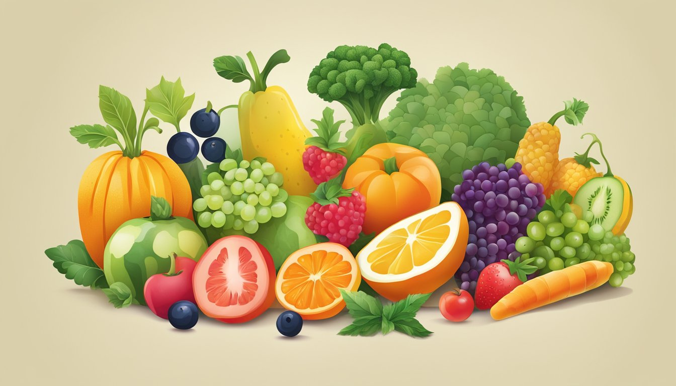 A variety of colorful fruits and vegetables arranged in a visually appealing pattern, with a few dots scattered among them