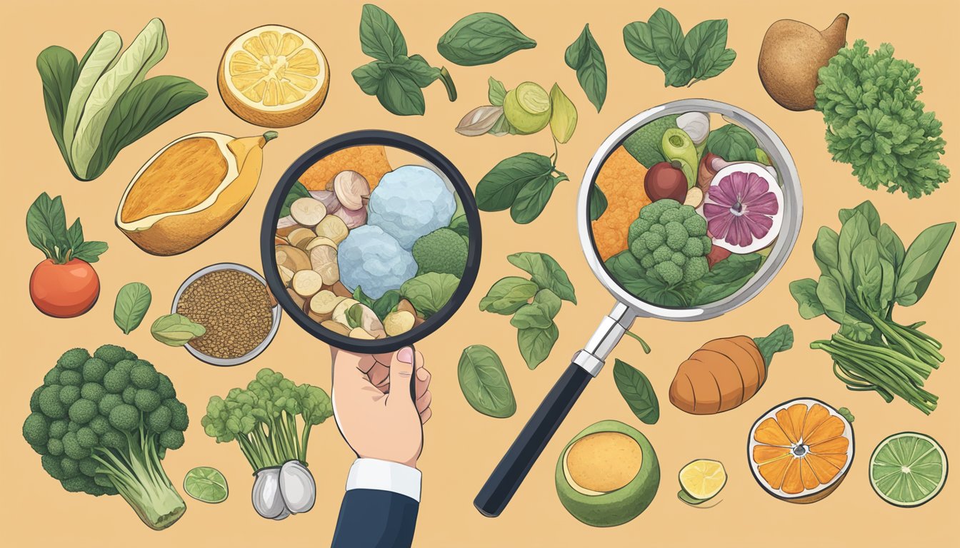 A hand holding a magnifying glass over a pile of assorted food ingredients, examining each one closely for their vegan status