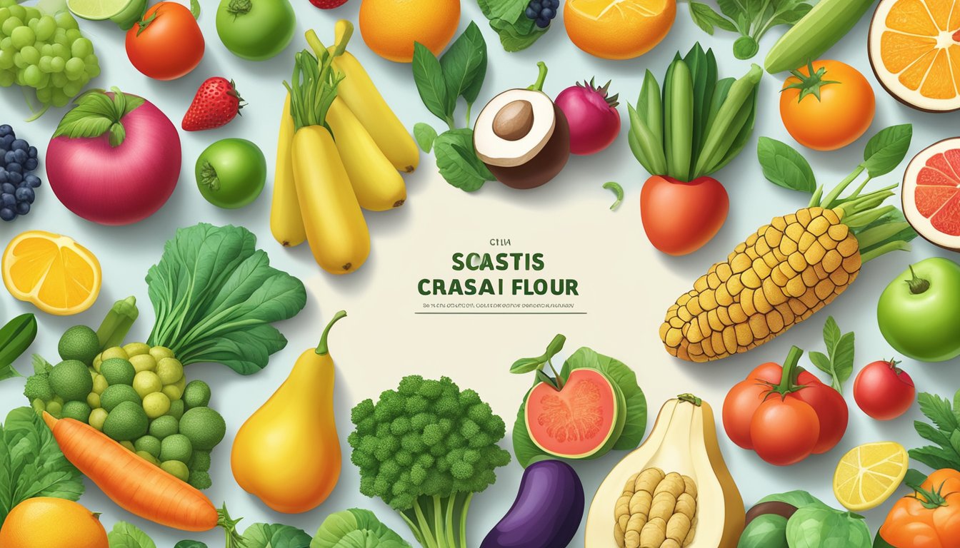 A colorful array of fresh fruits and vegetables, a bag of cassava flour, and a variety of plant-based protein sources