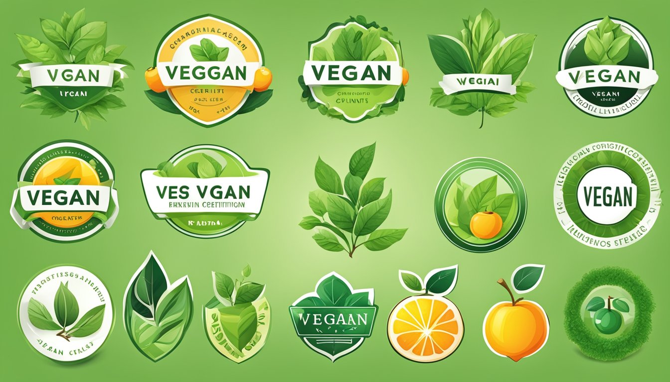 A collection of vegan certification logos surrounded by green leaves and fruits