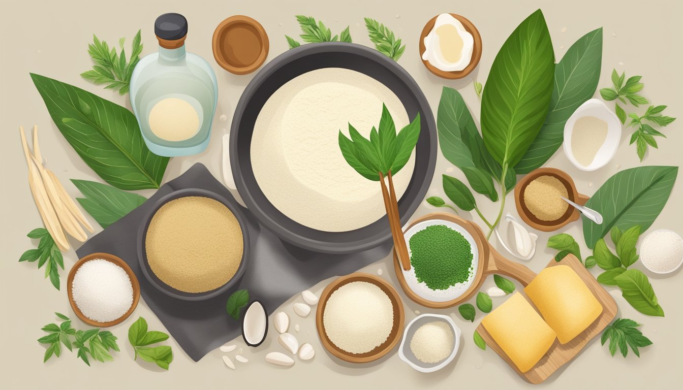 A bowl of cassava flour surrounded by various vegan ingredients and cooking utensils