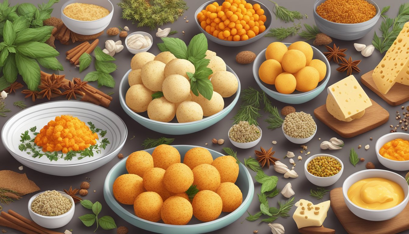 A table spread with a variety of vegan cheese balls in different flavors, surrounded by colorful herbs and spices