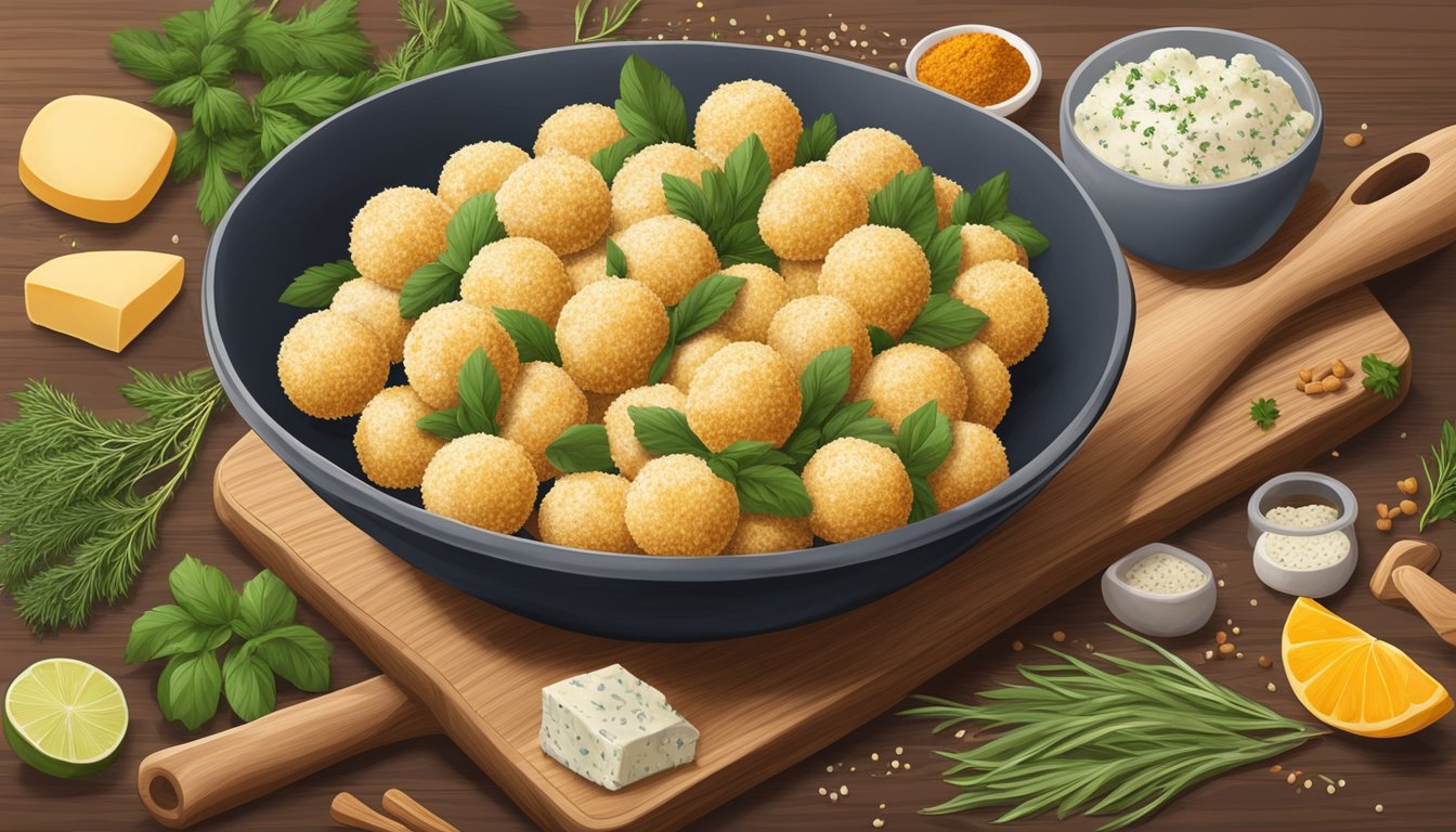 A bowl of vegan cheese balls on a wooden cutting board, surrounded by scattered herbs and spices