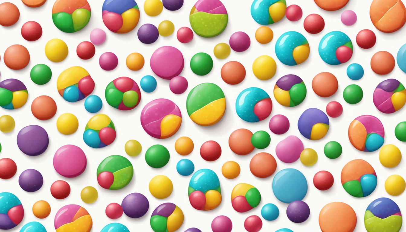 A variety of vegan candies arranged in colorful dots on a white surface for comparison