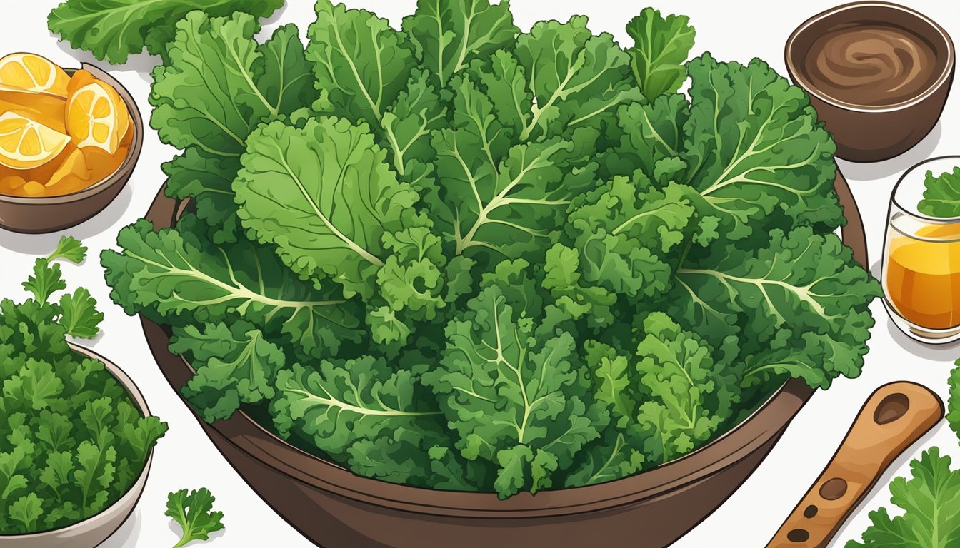 A bowl of kale chips surrounded by fresh kale leaves and various whole ingredients