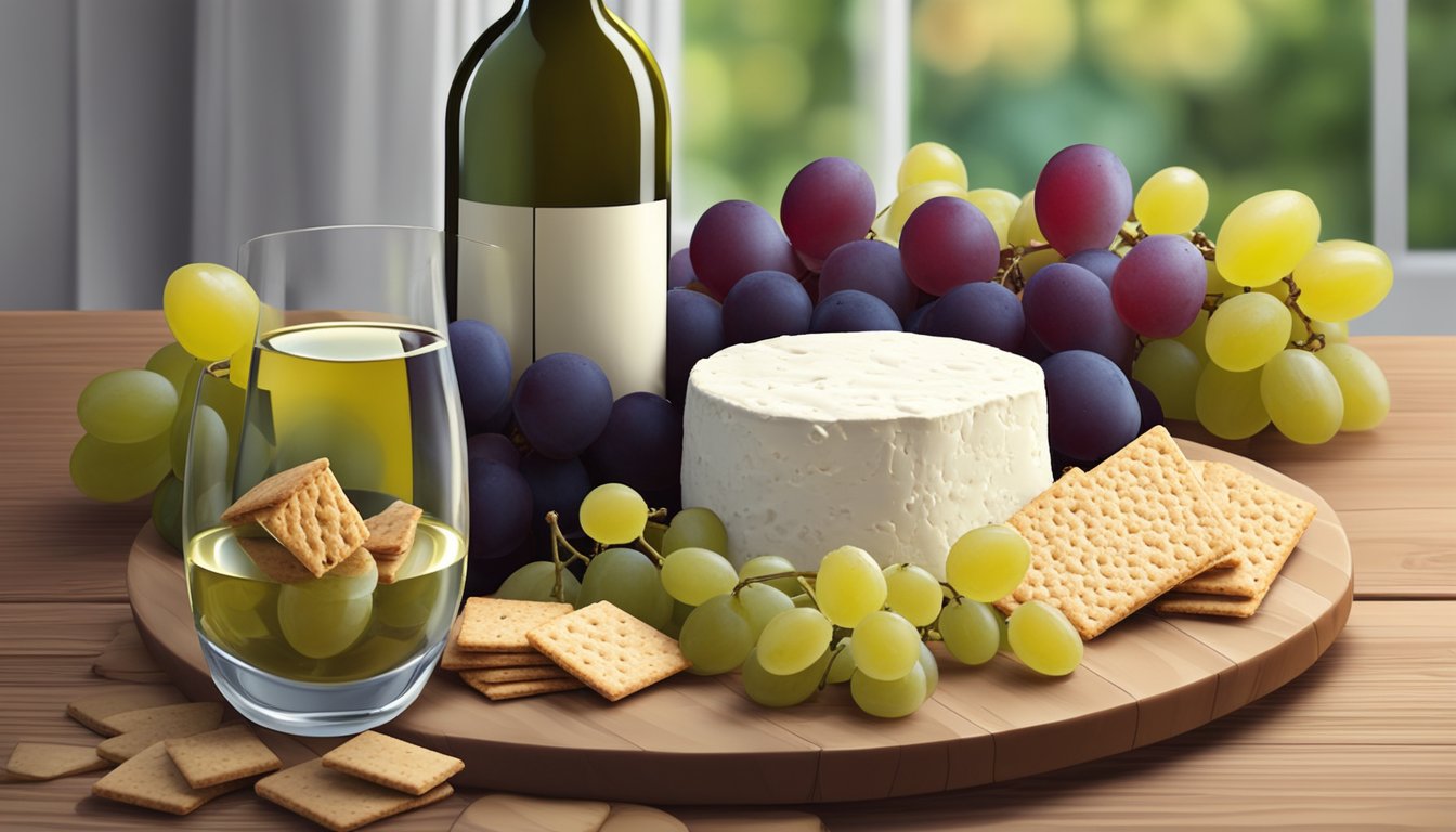 A platter with vegan cheese balls, surrounded by fresh grapes and crackers, sits on a wooden table. A bottle of white wine is nearby