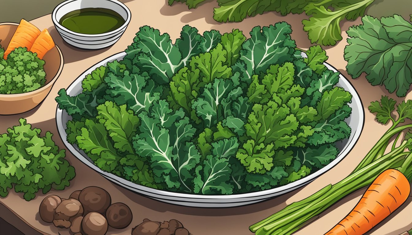 A bowl of crispy kale chips surrounded by vibrant green kale leaves and a variety of fresh vegetables