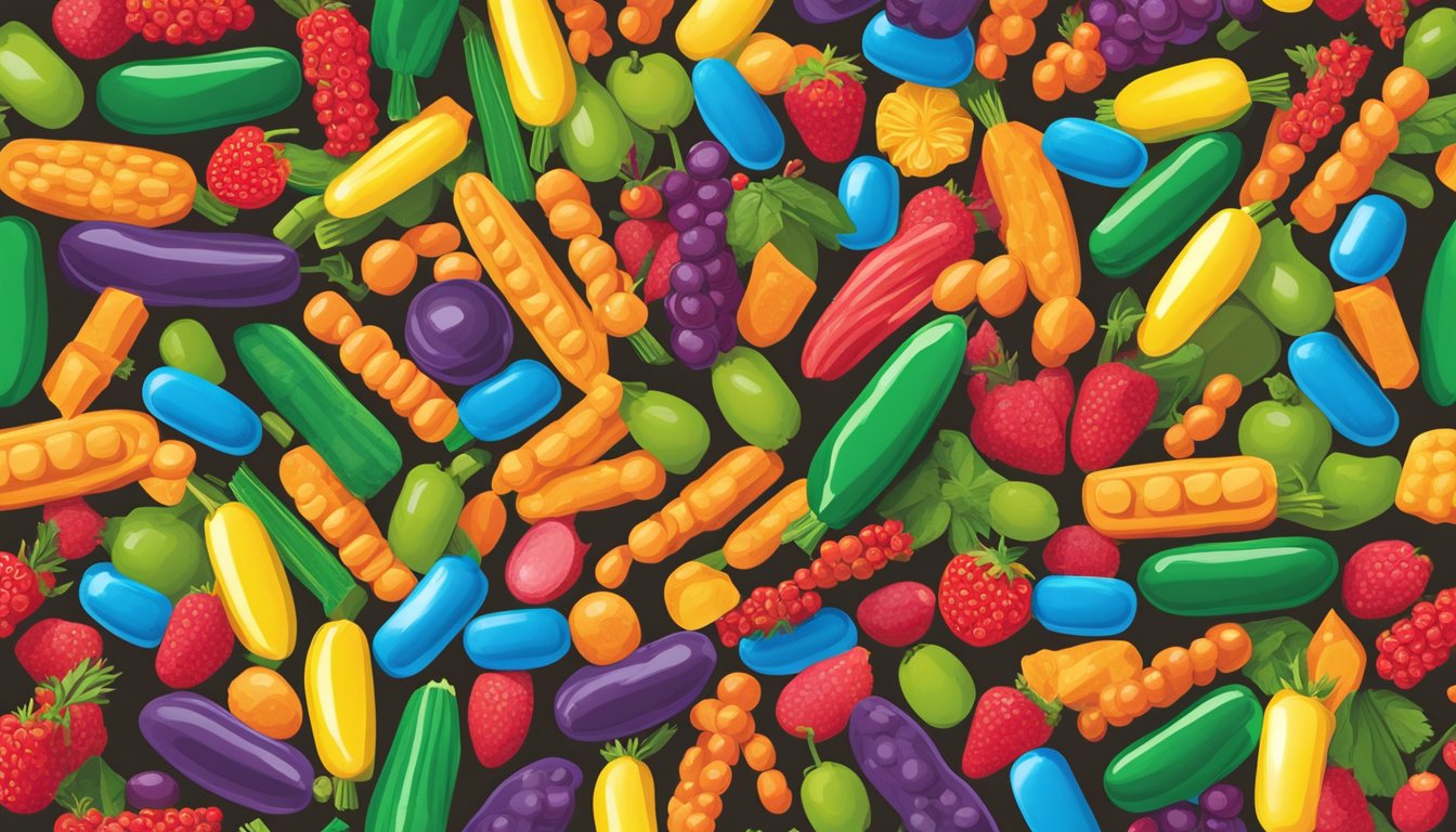 A colorful array of fruits, vegetables, grains, and legumes fill the table, with a prominent display of the Mike and Ike candy packaging