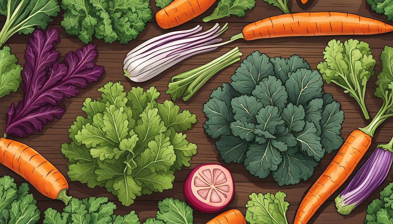 A colorful array of fresh kale leaves, vibrant vegetables, and savory seasonings arranged on a wooden cutting board