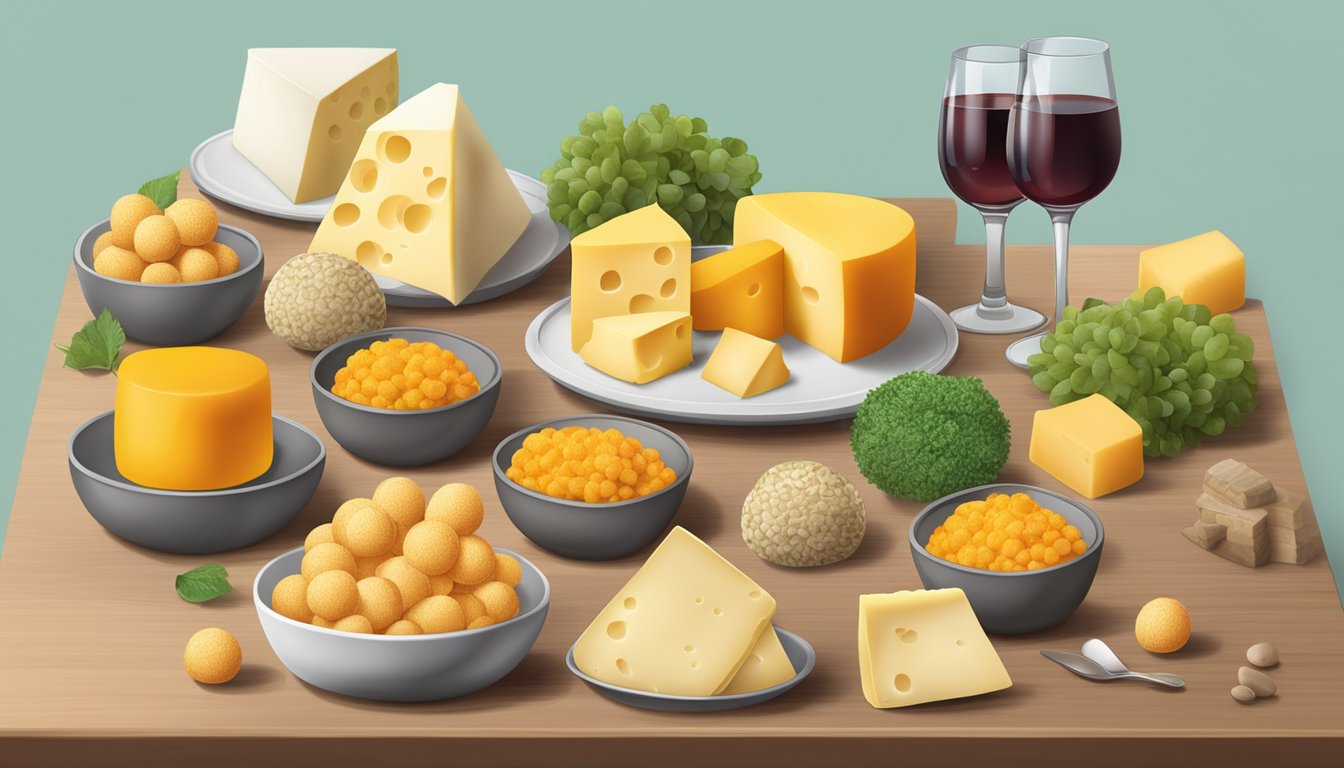 A table with a variety of cheese balls, accompanied by symbols of sustainability and ethics