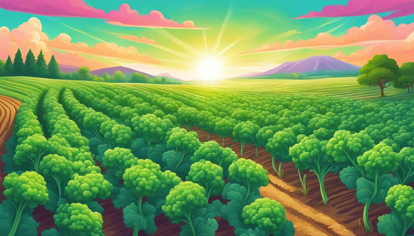 A vibrant kale field with pulsating waves of energy emanating from the earth, symbolizing the rhythm and vitality of the brand's vegan philosophy