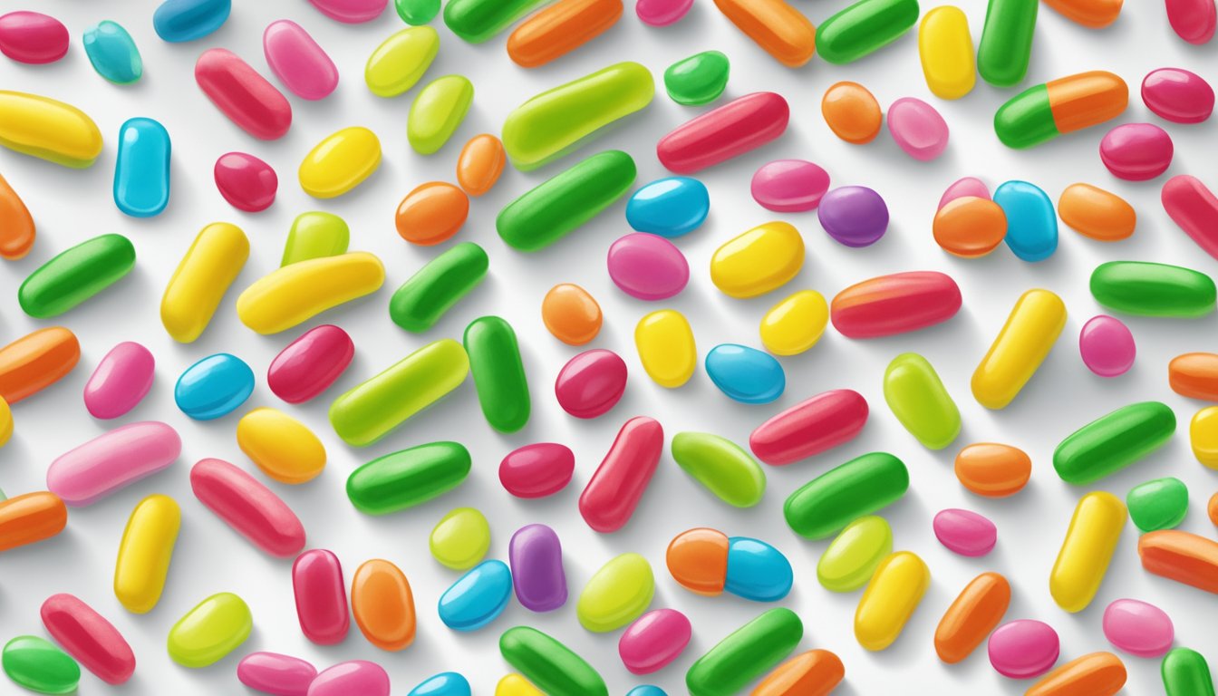 Two colorful candies, Mike and Ike, sit on a clean white surface. A magnifying glass hovers over them, as if inspecting their ingredients