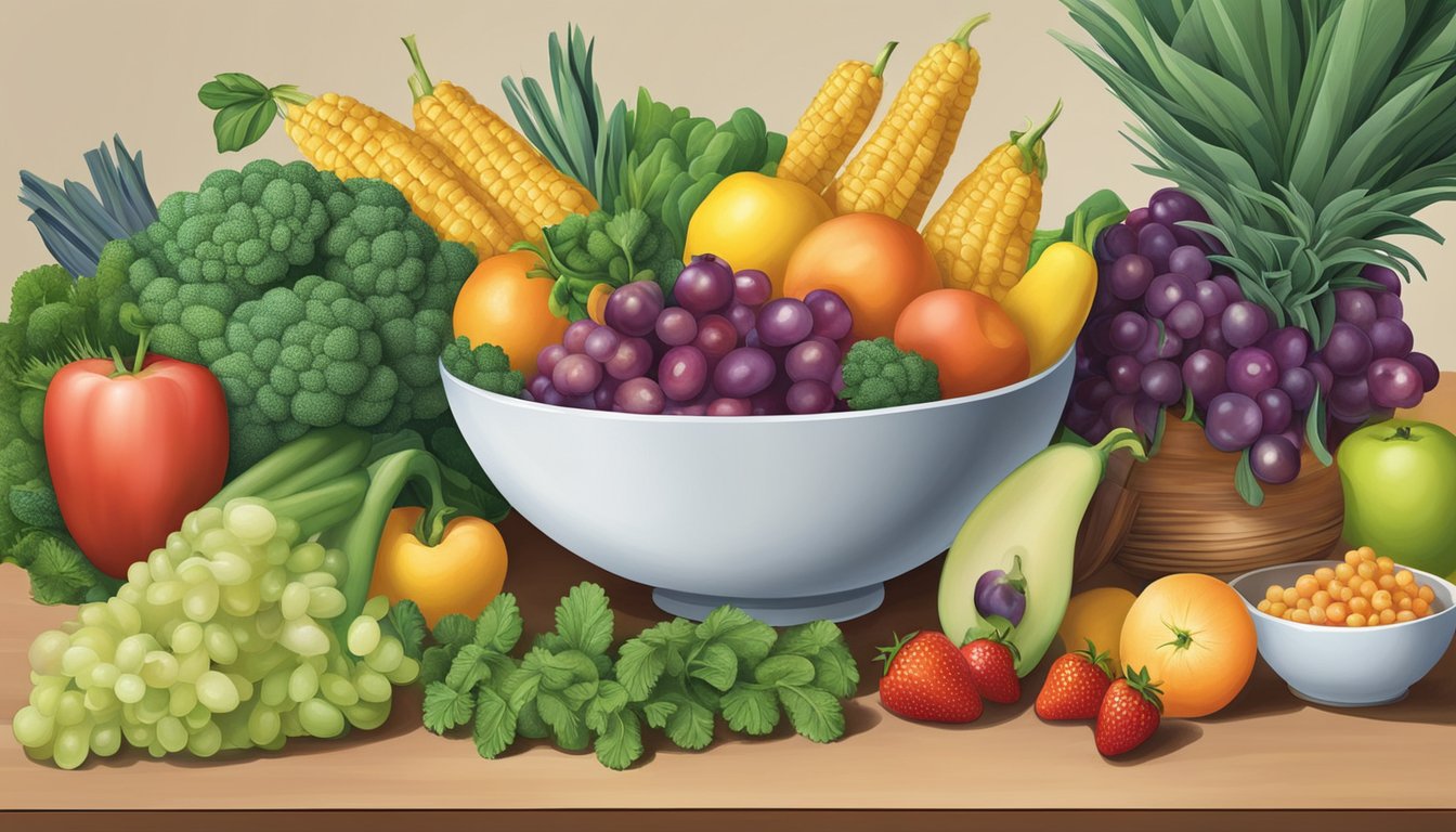 A bowl of Funions next to a variety of colorful fruits and vegetables on a kitchen counter