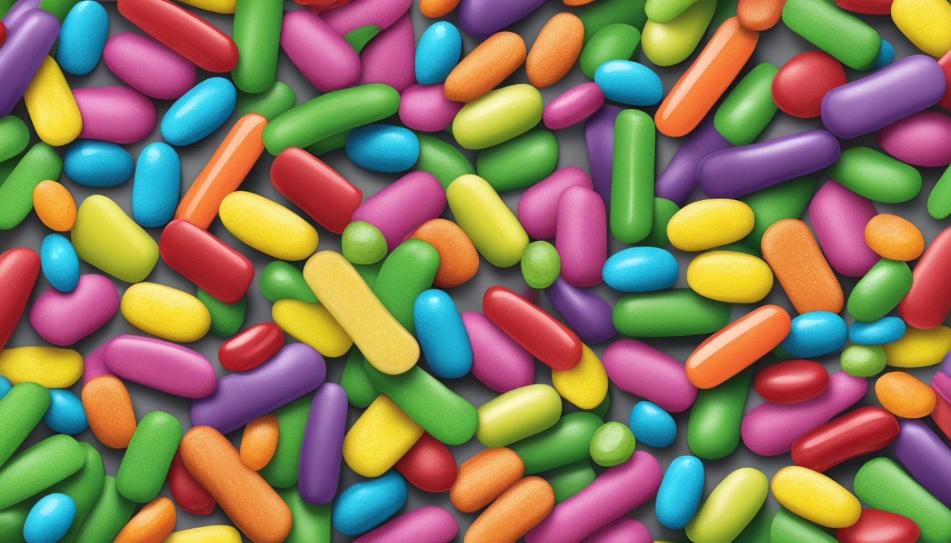 A colorful array of Mike and Ike candies alongside a list of vegan-friendly ingredients